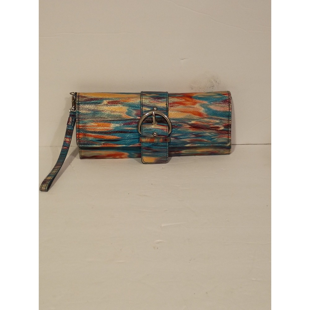 Multicolor Abstract Brushstroke Wristlet Clutch with Buckle Detail and ID Window